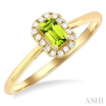 5x3 MM Octagonal Shape Peridot and 1/20 Ctw Single Cut Diamond Halo Semi-Precious Ring in 10K Yellow Gold